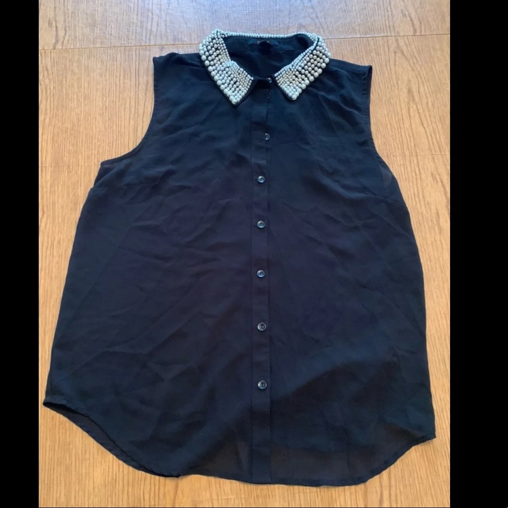 Black Button-Up Tank Blouse w/ Pearl Collar Large